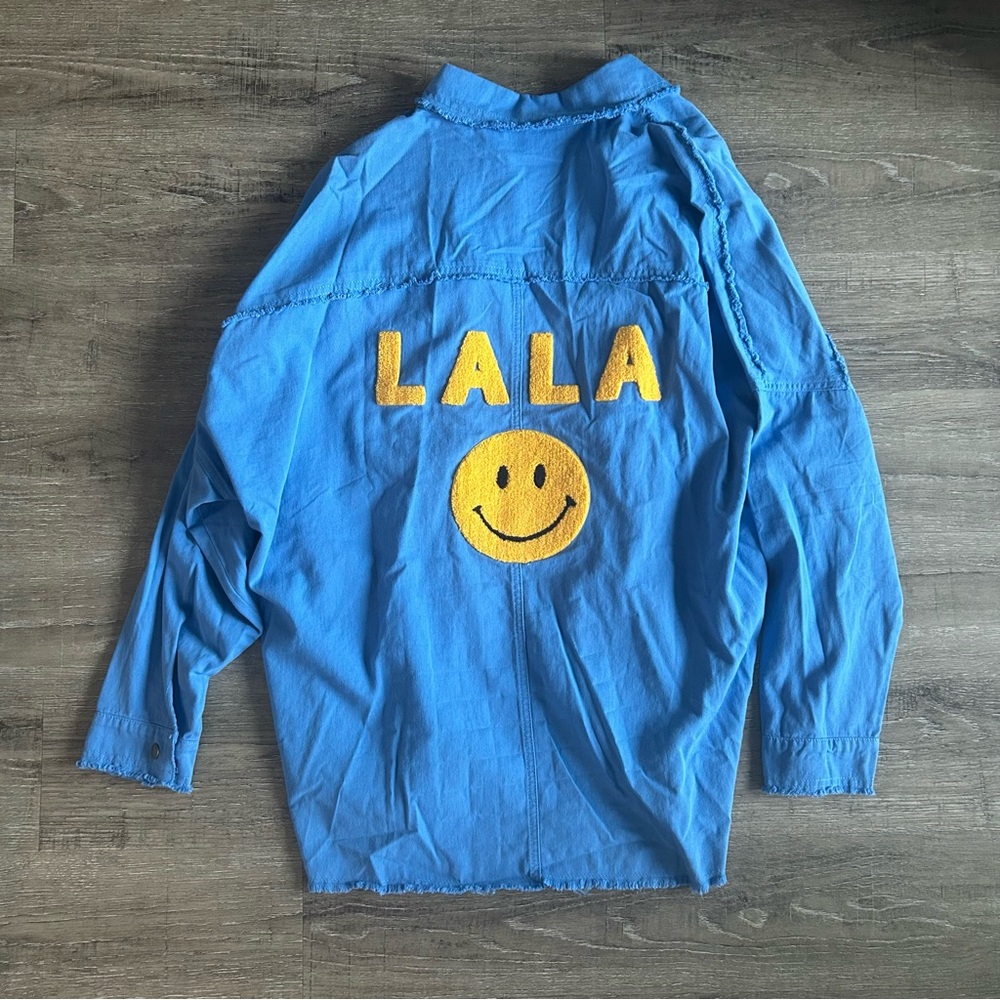 Dressed in LALA Bright Blue Button-Up Shirt Jacket smiley embroidered jacket